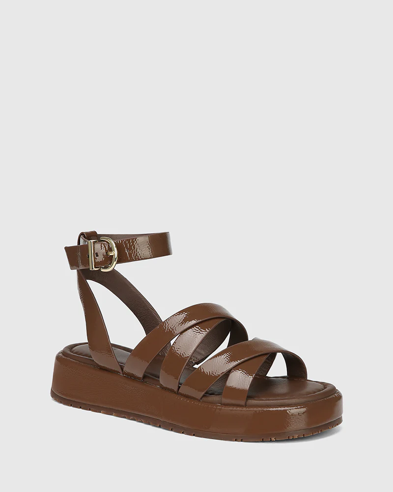 Cherish Rich Brown Crinkle Patent Leather Strappy Sandal - Image 2