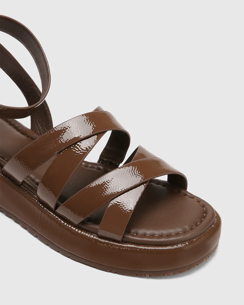Cherish Rich Brown Crinkle Patent Leather Strappy Sandal - Image 3