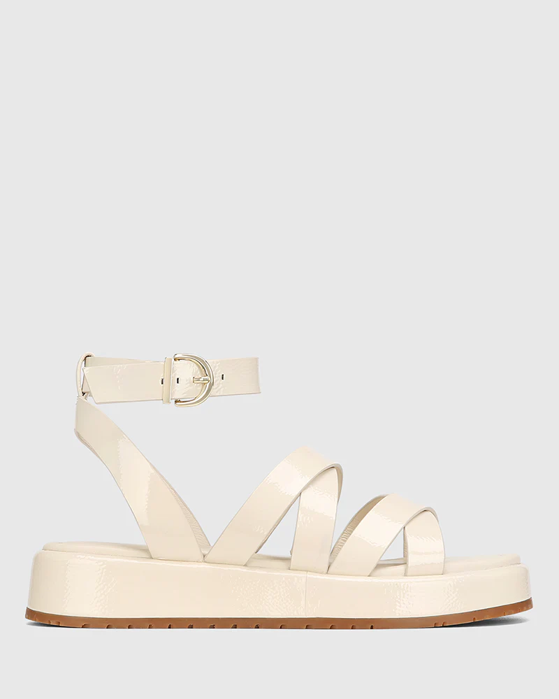 Cherish Vintage Ivory Crinkle Patent Leather Strappy Sandal