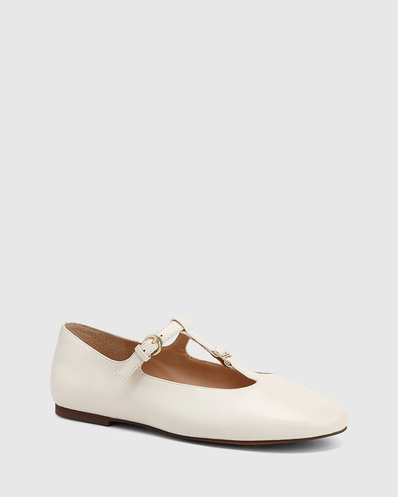 Devorah Off White Leather T-Bar Flat - Image 2