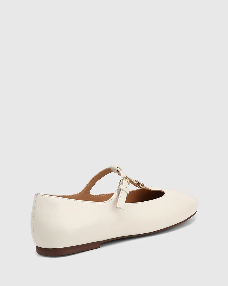Devorah Off White Leather T-Bar Flat - Image 4