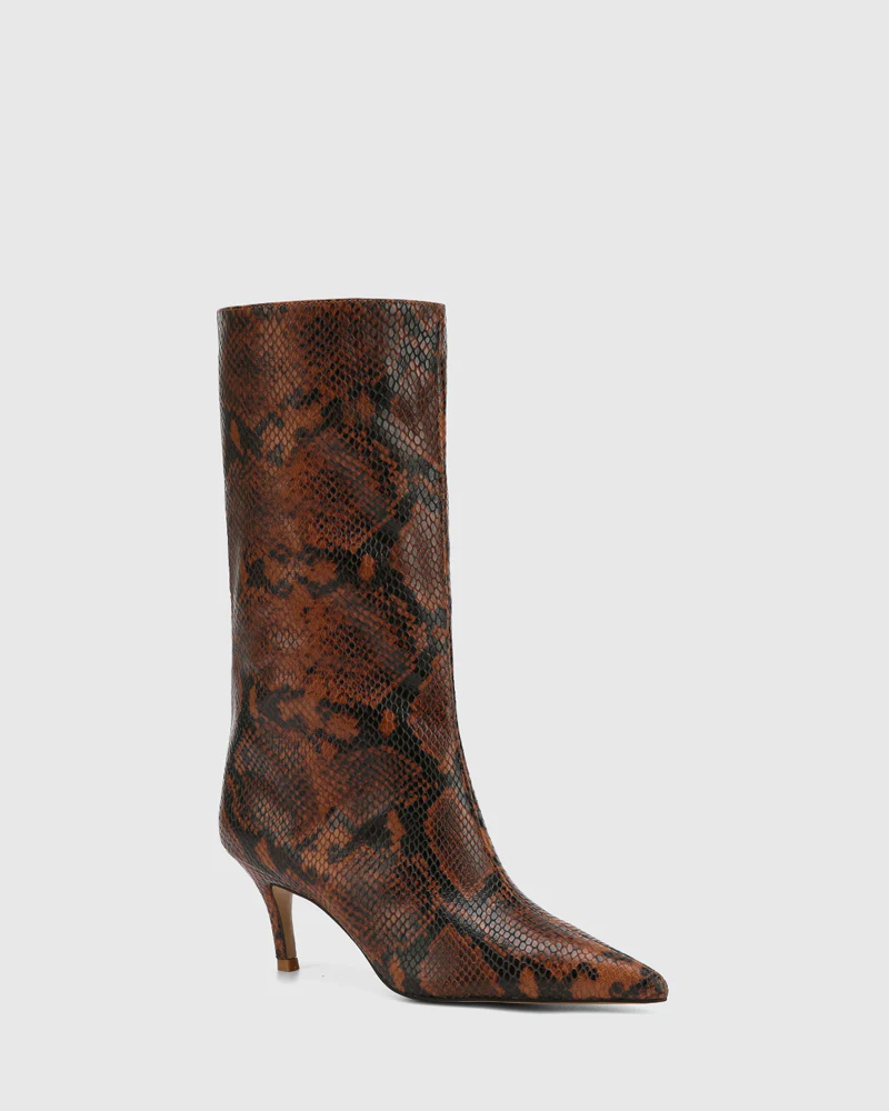 Lozana Havana Tan Python Print Leather Mid-Calf Boot - Image 2