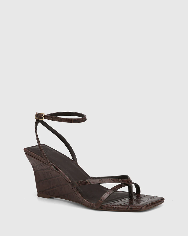 Nyla Espresso Croc Embossed Leather Wedge - Image 2