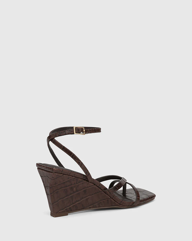 Nyla Espresso Croc Embossed Leather Wedge - Image 4